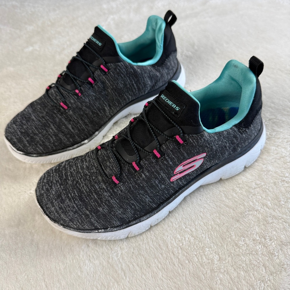 Skechers Summit Quick Getaway Sneaker Shoes Womens 9 Gray Black Blue Sporty Chic
